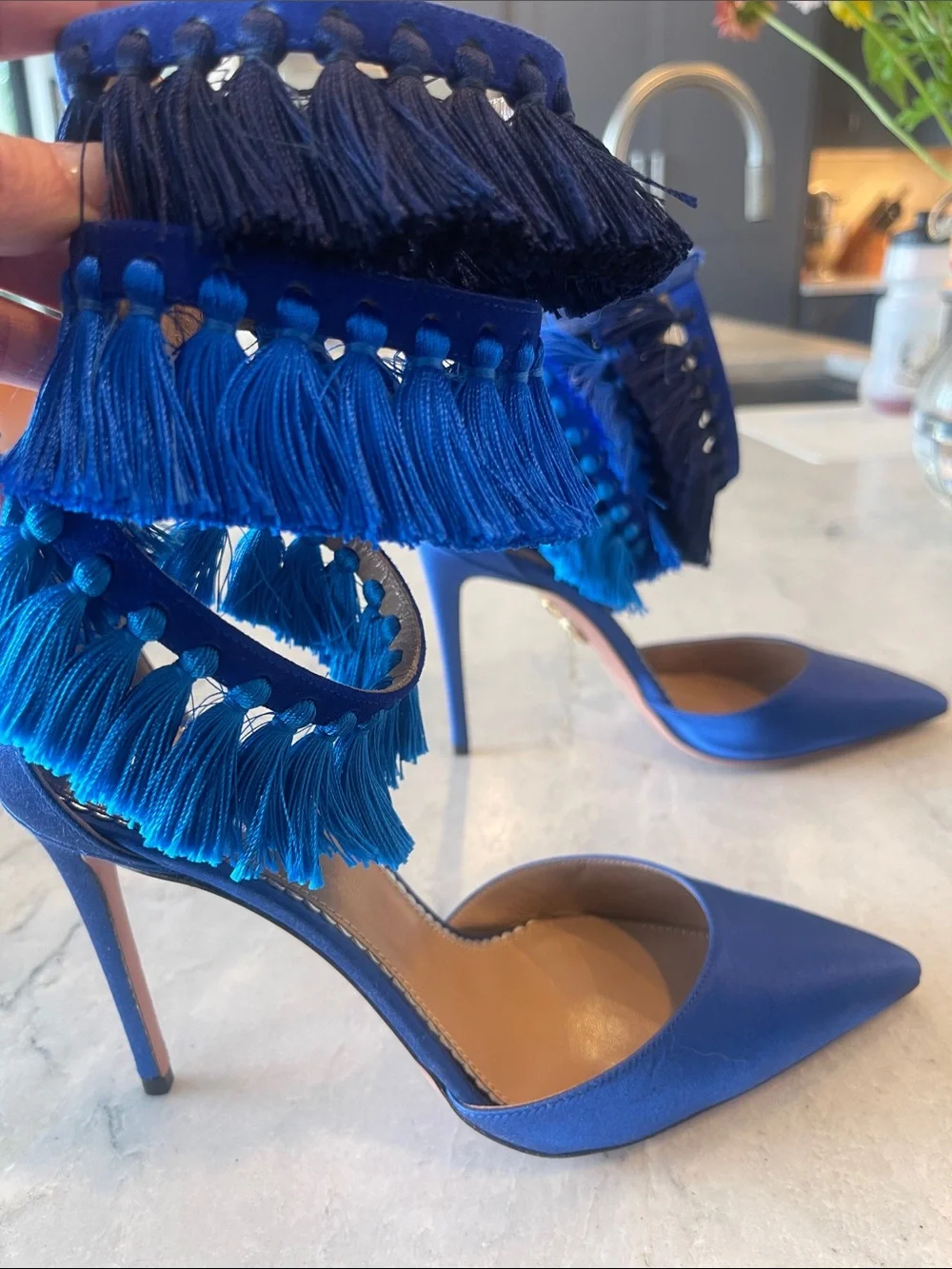 Aquazzura Electric Blue Tassel Fringe Ankle-Strap Pointed-Toe Heels